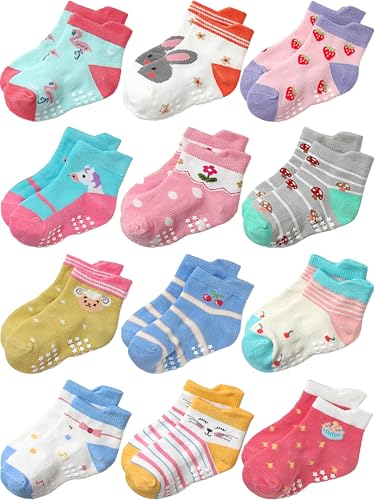 Image of Aroveea Non Slip Grip Ankle Baby Socks 12 Pack for Toddler Boys and Girls Kids,Infant Cute Cotton Baby Socks