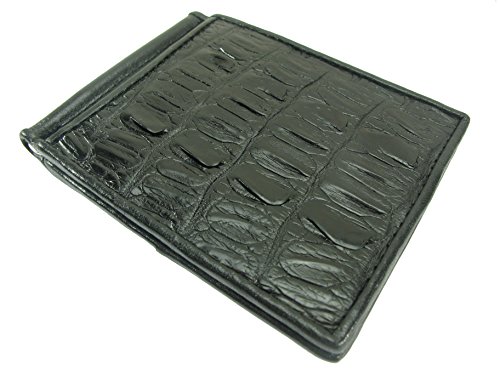 Genuine Crocodile Tail Skin Money Clip Slim Bifold Wallet (Black)