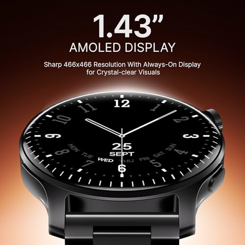 Image of Boat Ultima Prime smartwatch with 1.43 inch AMOLED Display, AOD, Personalized Fitness Nudges, Functional Crown,100+ Sports Modes, Create Your Own Watchface, smartwatch for Man and Woman (Steel Black)