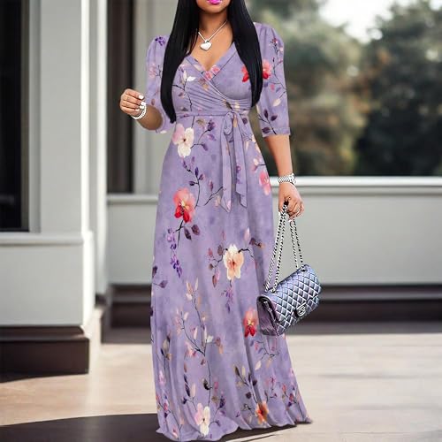 Image of Womens Floral Maxi Dress with Sleeves Elegant Evening Wear 3 /4 Sleeve Long Sundress with Belt