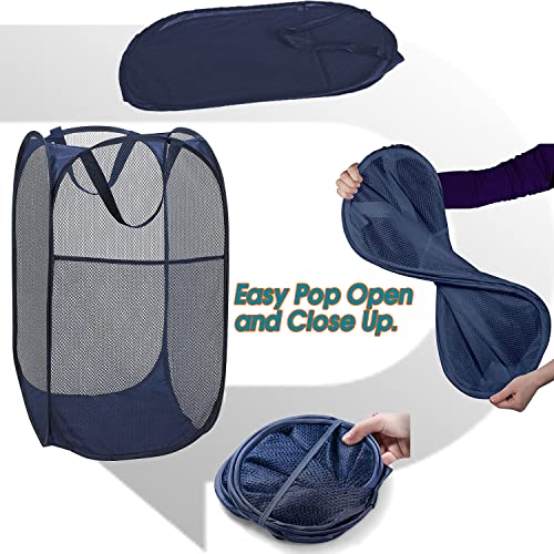 Image of BATTOO Deluxe Strong Mesh Pop up Laundry Hamper Basket with Side Pocket Foldable Hamper for Laundry Room, Bathroom, Kids Room, College Dorm or Travel Navy + Black