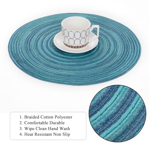 Image of SHACOS 15 inch Round Placemats Set of 6 Variegated Multicolor Place Mats Cotton Polyester Braided Non Slip Washable Heat Resistant Table Mats for Home Wedding Dinner Party Table Decor, Rainbow Teal