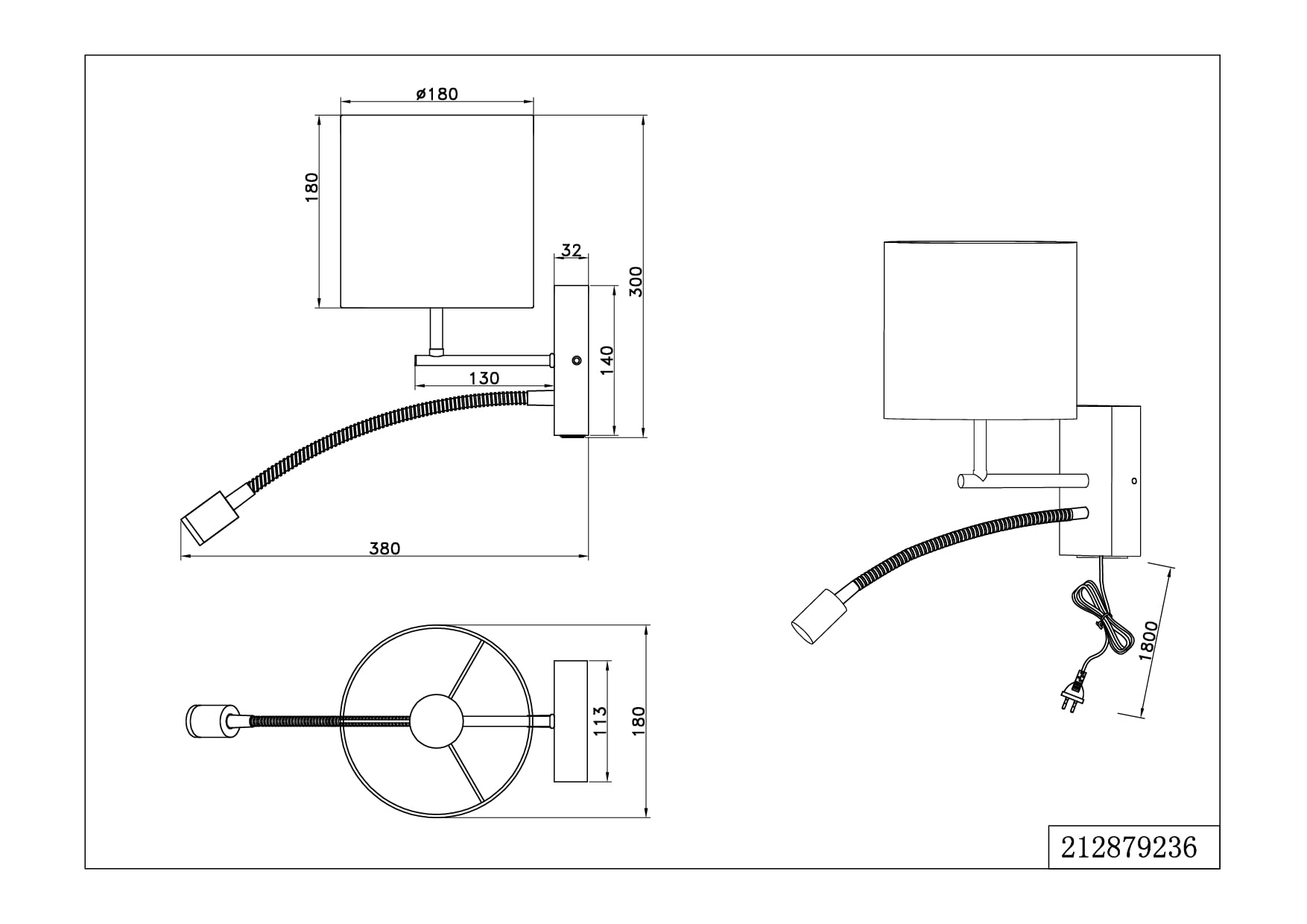 Trio Leuchten Wandleuchte Nilam 212879236, Holz naturbelassen, Schirm Stoff, exkl. 1x E27, Lesearm inkl. 3.1 Watt LED, Flex Connect, Weiß