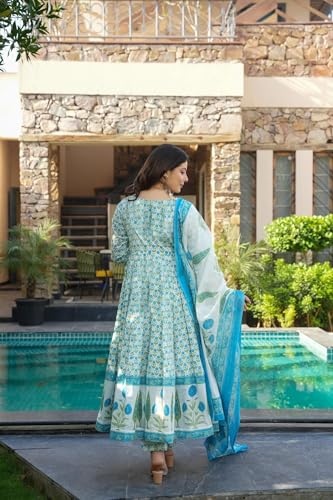 Image of GoSriKi Women's Rayon Viscose Printed Anarkali Kurta with Pant & Dupatta | Anarkali Suit for Women | Pure Cotton Suit Set for Women | Block Print Kurta Palazzo Dupatta Set