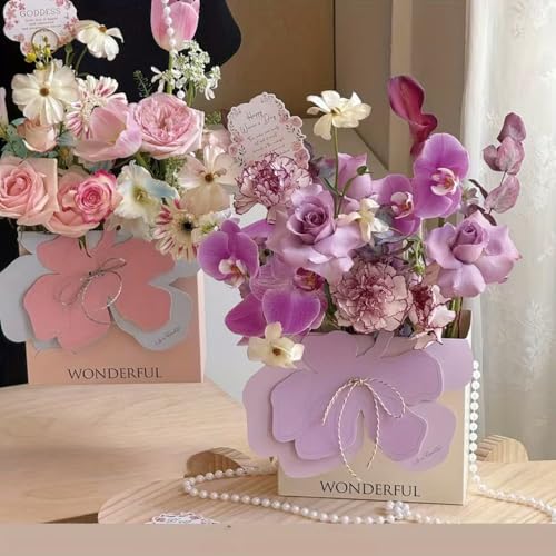 Image of 3D Floral Bag With Pearl String Handle - 10 Nos For Flowers & Gifts - Lavender Flower