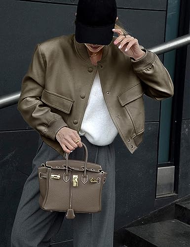 Faleave Women's Cropped Bomber Jacket Casual Street Button Down Varsity Jacket with Two Big Pockets2