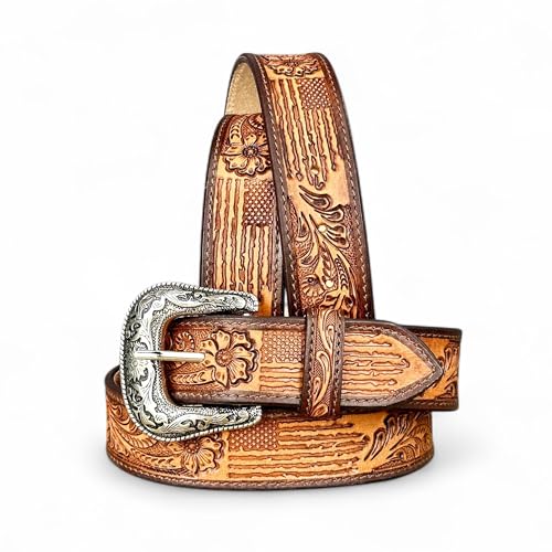 DANIEL'S ARTPLANET Western Belt for Men 1.5” Wide Full Grain One Piece Leather Belt with Buckle Engraved Handmade Tooled