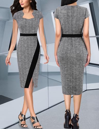 VFSHOW Womens Square Neck Patchwork Front Slit 2023 Work Business Office Bodycon Pencil Dress2