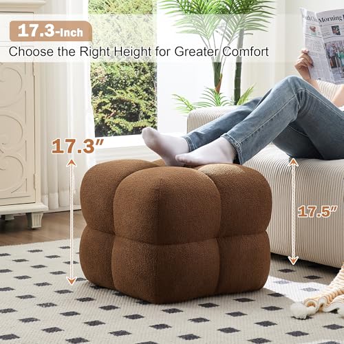 Image of Zesthouse Square Pouf Ottoman Footstool, Modern Backless Vanity Chair for Bedroom, Boucle Poofy Footrest for Couch, Upholstered Tufted Footstool, Fabric Ottoman Coffee Table for Living Room Rust Brown