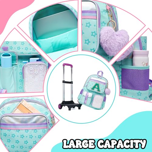 Image of Meetbelify 3 in 1 Backpack with Wheels for Girls Rolling Letter Backpack Cute Carry on Backpack Kids Luggage with Lunch Box Pencil Case for Elementary Student
