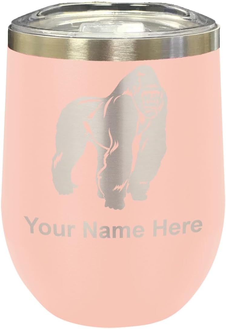 LaserGram 16oz Double Wall Stainless Steel Wine Glass Tumbler, Gorilla, Personalized Engraving Included (Black)