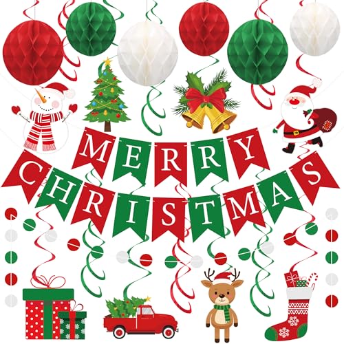 Merry Christmas Party Decorations Pre-strung Red Green Merry Christmas Banner with Honeycomb Balls Santa Claus Snowman Xmas Tree Hanging Swirls Colorful Circle Dots Garland for Holiday Party Decor