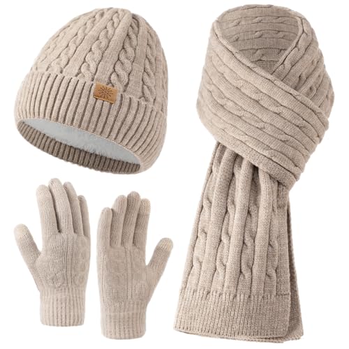 Clothirily Womens Winter Knit Warm Hat Beanie Long Scarf Touch Screen Gloves Set for Cold Weather, Winter Beanie Hat Scarf Gloves 3 in 1 Warm Gift Set