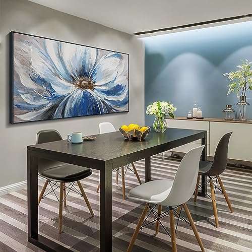 Image of Large Blue Wall Art Framed, Flower Botanical Wall Art for Living Room Bedroom, Modern Aesthetic Floral Picture Home Canvas Artwork, 29x58 Inch Black Frame Ready to Hang