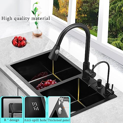 Spüle Küchenspüle Spülbecken Einbauspüle 2 Becken mit Herausziehbare Armaturen mit kleinen Wasserhahn Spüle Küche Spülbecken 2 Becken mit Spüle Zubehör (Schwarz, 82 * 45CM)