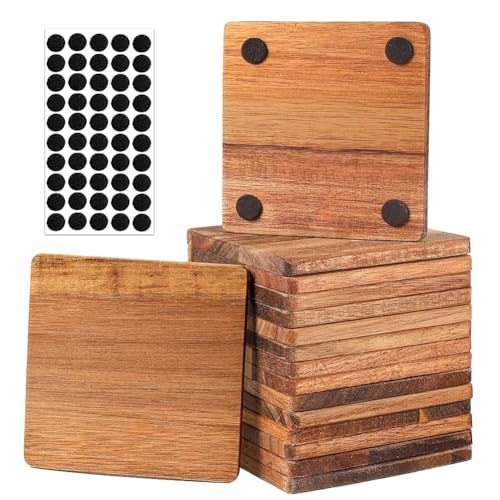Buhdjfnke 16 Posavasos de Madera Sin Terminar, Cuadrados de 10 cm de para Manualidades, con Puntos de Silicona Antideslizantes.