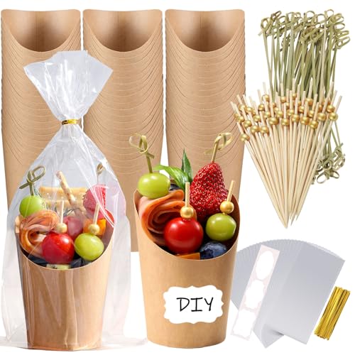Charcuterie Cups Disposable 100 PCS with 200 Skewers 100 Bags 100 Labels