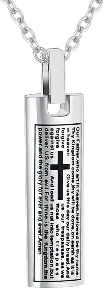 Our Father Lord's Prayer and Cross Urn Pendant Necklace Cremation Urn Necklace Cremation Jewelry Stainless Steel Rectangle Cremation Pendant Memorial Ashes Keepsake Urn Necklace