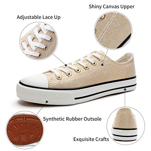 Adokoo Womens Canvas Shoes Casual Cute Sneakers Low Cut Lace up Fashion Comfortable for Walking(Gold,US7