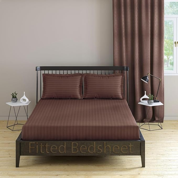 Cotton Fitted Bedsheet King Size 72x78x8 Inch | Elastic Fitted Bedsheet Cotton | King Size Bed Sheet Elastic Fitted | King Size Bed Cover | Double Bed Elastic Fitted Bedsheet |Brown Stripe