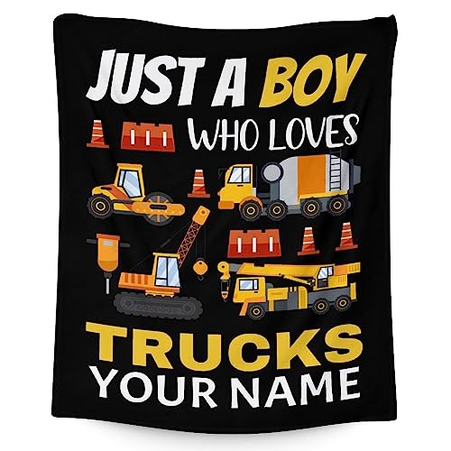 Personalized Construction Truck Blanket Gifts with Name - 30x40 Inches Funny Throw Blanket for Boys - Black Soft Fuzzy Excavator Blankets for Couch & Office
