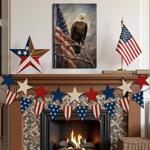 Image of Framed Bald Eagle American Flag Wall Art, Patriotic Rustic Canvas Art Pictures, USA Eagle Wall Decor, Made in USA Ready to Hang for Office Man Cave Living Room