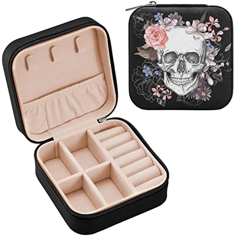 ZZKKO Sugar Skull with Flower Small Jewelry Box Travel Jewelry Case Leather Jewelry Travel Organizer Mini Portable Storage Boxes for Womens Rings Necklaces Gifts Black Cover