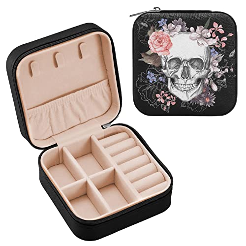 Zzkko Sugar Skull With Flower Small Jewelry Box Travel Jewelry Case Leather Jewelry Travel Organizer Mini Portable Storage Boxes For Womens Rings Necklaces Gifts Black #TOP8