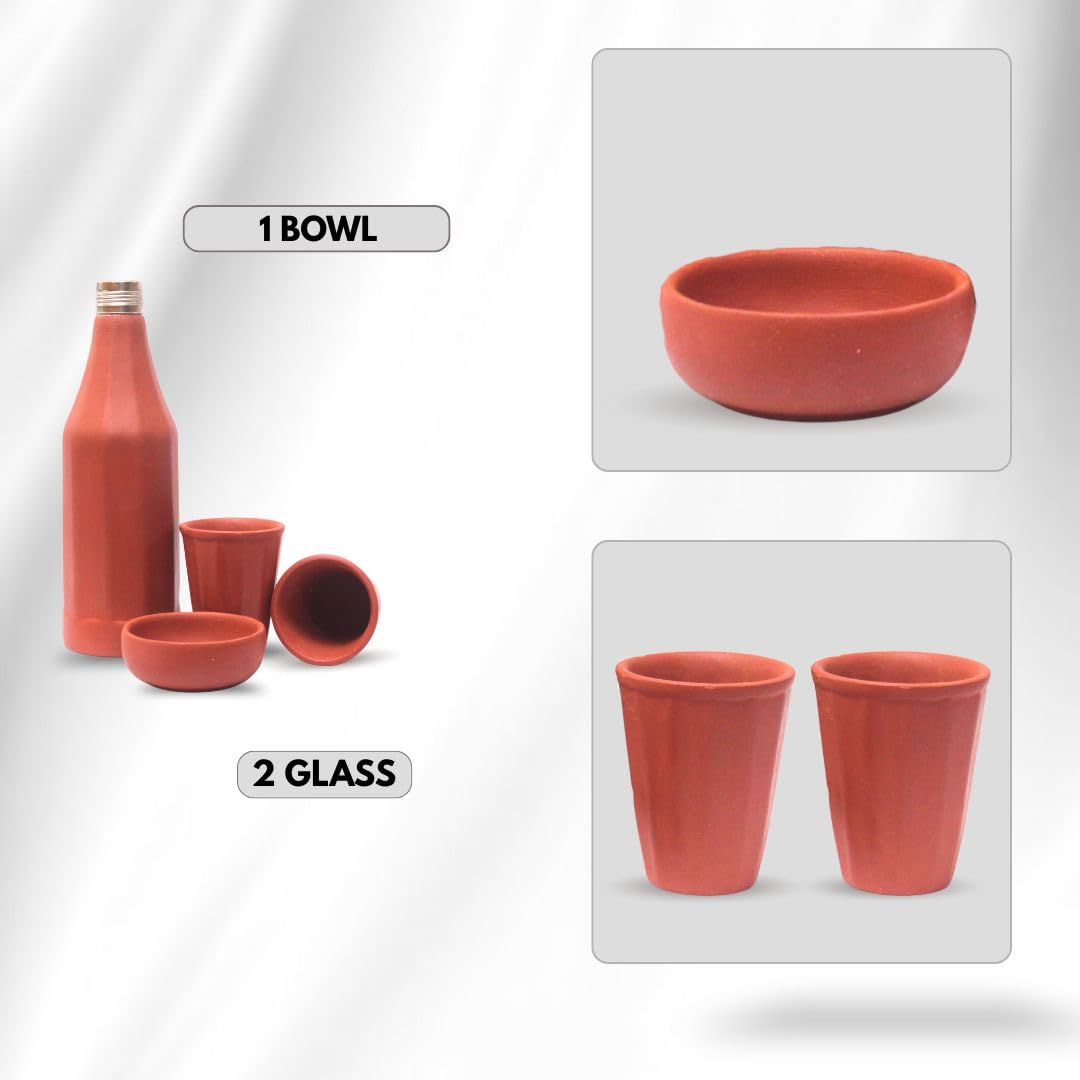 Handmade Terracotta Water Bottle with 2 Glasses and 1 Bowl Set – 1 Litre Natural Clay Flask with Leak-Proof Metal Cap – Eco-Friendly, Pehel design, Self-Cooling Alkaline Water Storage Set 2