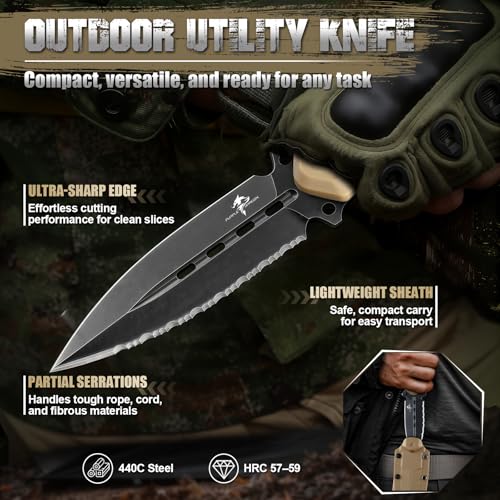 Purple Dragon Fixed Blade Knife with Kydex Sheath,440C Steel Full Tang Outdoor Utility Knife with G10 Handle for Camping, Hiking,Bushcraft & Outdoor Use-Black-Brown