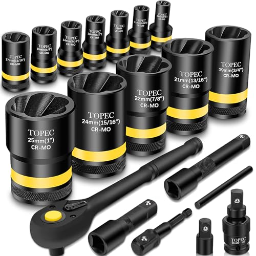 Image of Topec 1 /2 inch Drive Lug Nut Removal Tool, 19-Piece 10-25mm, Impact Lug Nut Extractor Socket Set with Ratchet Handle, Wheel Lock Removal Kit for Damaged, Rounded, Stripped Car Bolt Nuts