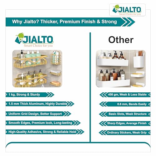 Image of JIALTO 5 in 1 Self-Adhesive Bathroom Organizer Combo - No Drill Wall Mounted Shelf Stand with Metal Racks, Toothbrush Holder, Soap Dish & Storage Tray - Multipurpose Bathroom Accessories (Golden)