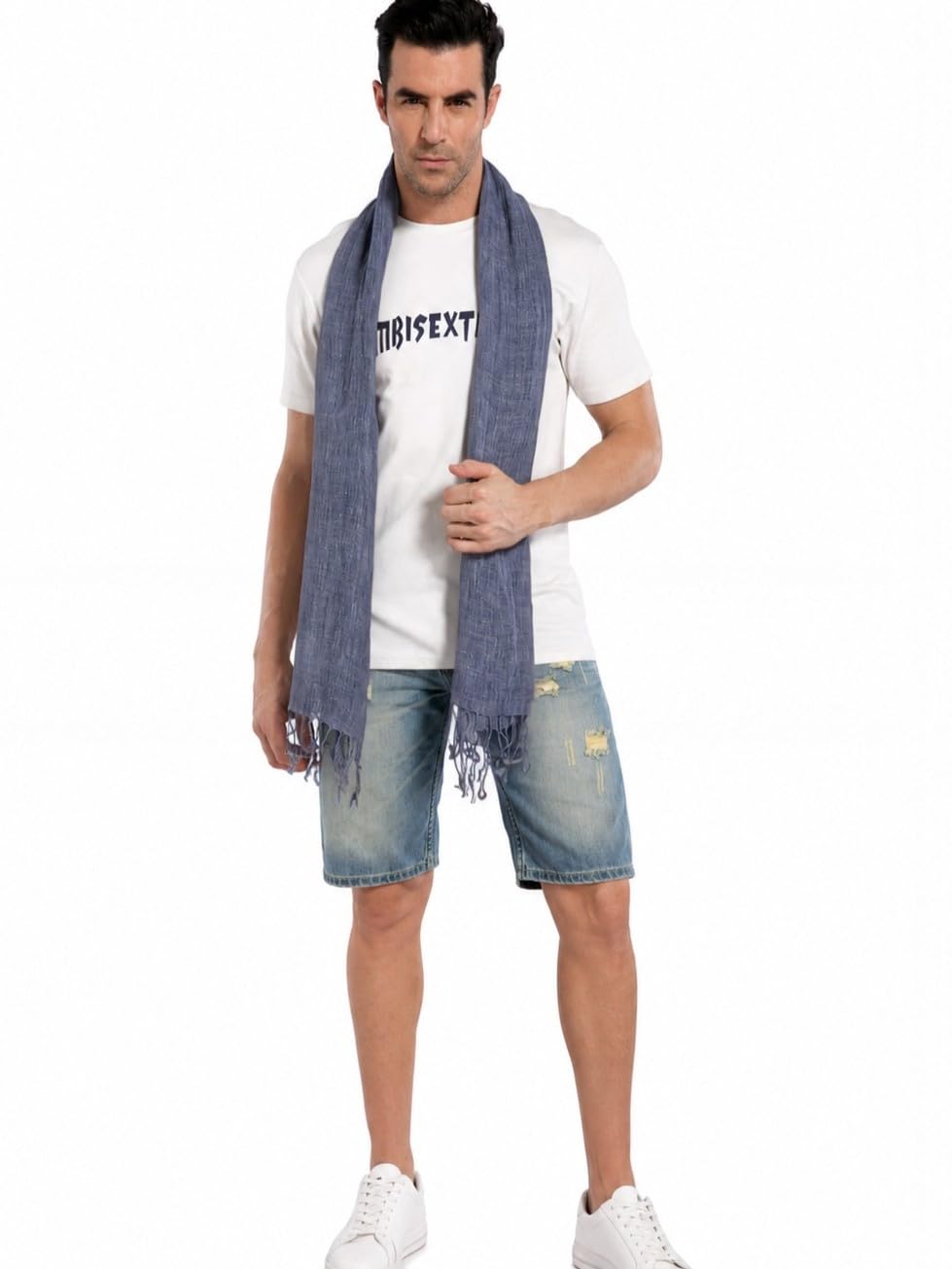 Prettystern long Plain uni-Colour Summer Casual leisure Fringed Linen Men's Scarf - T34 dark blue Jean