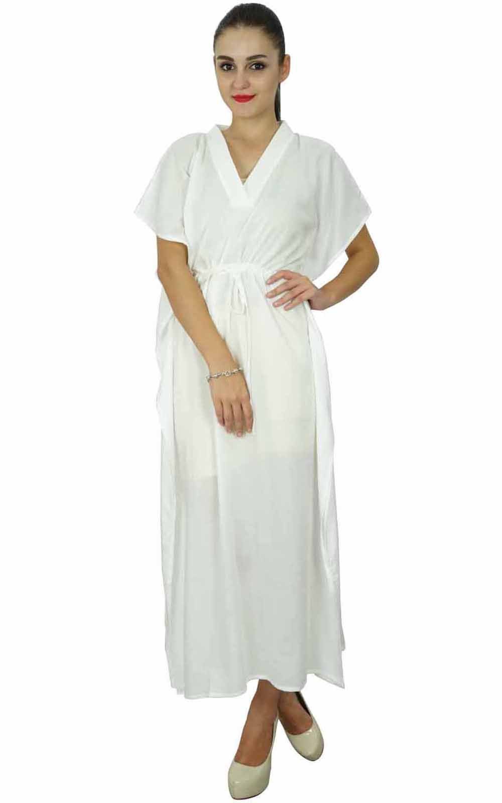 Bimba Women's White Solid Long Kaftan Dress For Kimono Sleeves Soft Cotton Beach Cover Up Caftan