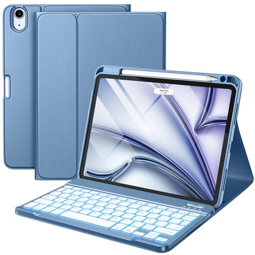 Vobafe Funda Teclado para iPad Air 11 Pulgadas M4 M3 M2 (2026/2025/2024), Teclado para iPad Air 5 4 Generación 2022/2020, QWERTY Español Ñ, Retroiluminación Magnético Bluetooth Keyboard, Azul