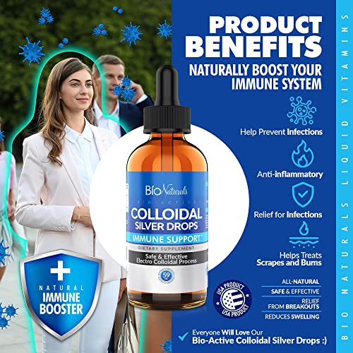 Bio Naturals Colloidal Silver Liquid Drops - Safe & Effective All Natural Immune Booster Supplement - Relief For Skin, Ear, Throat - 60 Servings #TOP2