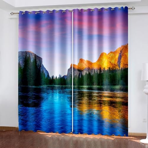 ANAZOZ Cortina para Balcón con Ojales,2 x 244W x 244H CM,Cortinas Salón Modernas Opacas 2 Paneles Paisaje de Montaña Lago y Árboles Cortinas de Salón Azul Verde Naranja Rosa