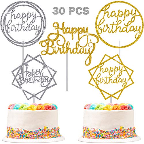30 Pieces Happy Birthday Cake Toppers Glitter Cupcake Picks Colorful Cake Toothpick Decorations For Anniversary Congratulation Birthday Party Favors Supplies (Gold, Silver) #TOP20