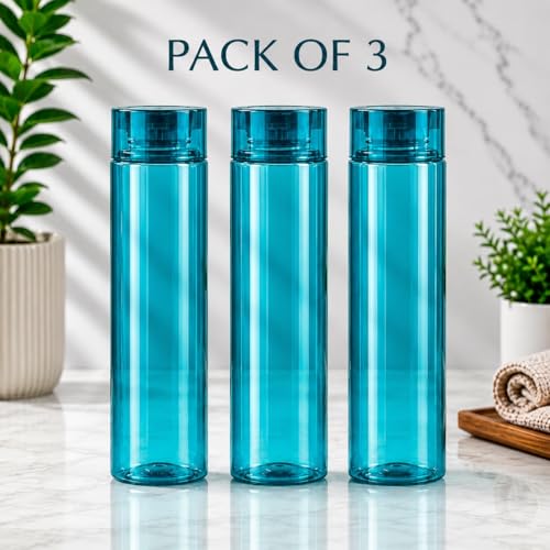 Image of H2O 1 Litre Each Water Bottle Set of 3 - Crystal Clear, BPA-Free, Breakproof & Leakproof | Fridge Safe Transparent PET Bottles | Made in India | Ideal for School, Office, Kitchen & Travel (Blue)