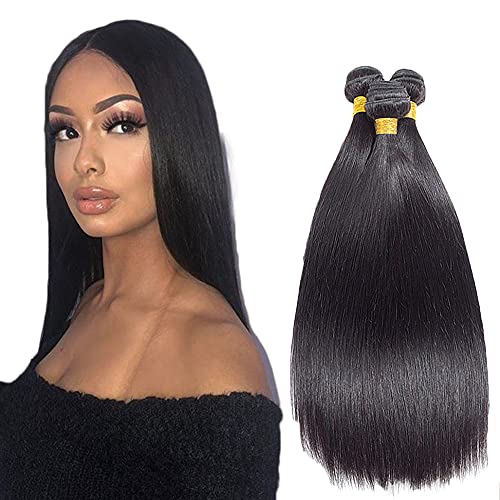AuokMar 24 26 28 Inch Straight Virgin Hair Bundles Hair Extensions 3 Bundles Unprocessed Virgin Brazilian Hair Bundles Weave Hair Human Bundles for Black Woman