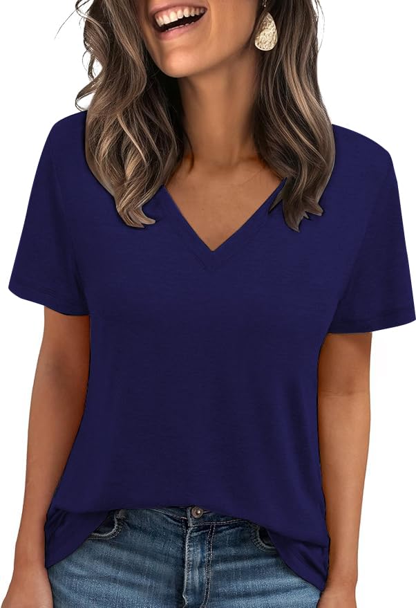 Cuptacc Tshirt Damen Sommer Basic Shirt Oberteile Damen V-Ausschnitt Kurzarm Einfarbig Casual Top