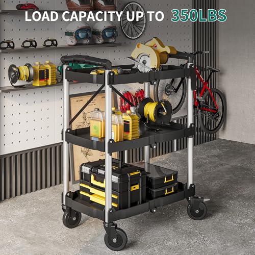 Image of YITAHOME 3-Tier Folding Utility Cart with Wheels (2 Brakes), 350lbs | Foldable Service Cart Collapsible Rolling Cart w / 360 Swivel Wheels, Portable Tool Cart for Home Garage Restaurant Office