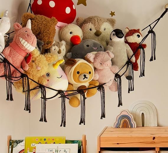 Boho Stuffed Animal Hammock with Fairy Lights – Wall Hanging Macrame Net Storage for Plush Toys