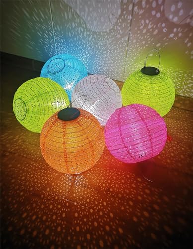 4-Pack Outdoor Japanese Style Round Solar Hollow Hanging Ball Lantern Waterproof Lanterns LED Light Atmosphere Lamp Garden Decoration PVC Cloth Cover (Blue)