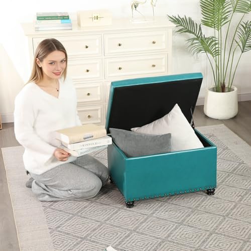 Image of Joveco Leather Storage Ottoman, 24 inch Rectangle Tufted Upholstered Bench, Foot Rest Stool with Wood Legs, Footstool for Living Room, Bedroom