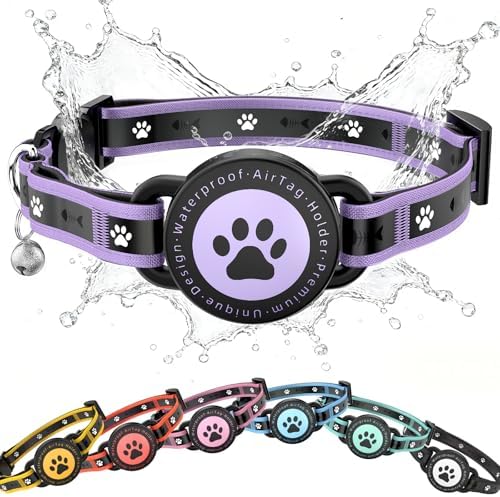 JIARUI Airtag Katzenhalsband mit Sicherheitsverschluss & AirTag Halter | Reflektierend Katzenhalsband und Glocke, Bequeme Polsterung & Verstellbar Wasserdicht Kätzchenhalsban (Lila
