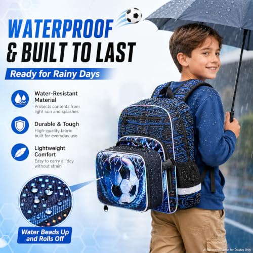 Image of HPJGD 3PCS Backpack for Kids, 17 inch Boys Soccer Preschool Bookbag Set with Clip-On Lunch Box, Water-Resistant School Bag for Elementary - Thrash Net Soccer