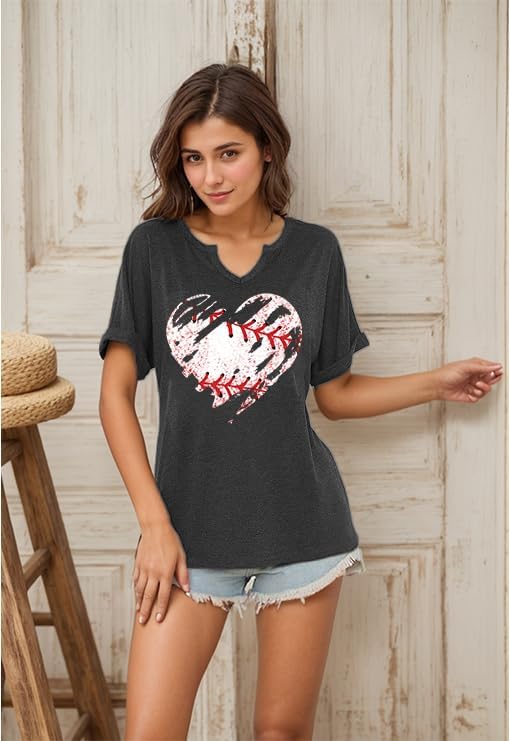 Baseball Mama Shirt Baseball Mom Tshirt Game Day V-Neck Short Sleeve Cheer Mom Heart Graphic Tees - Image 2