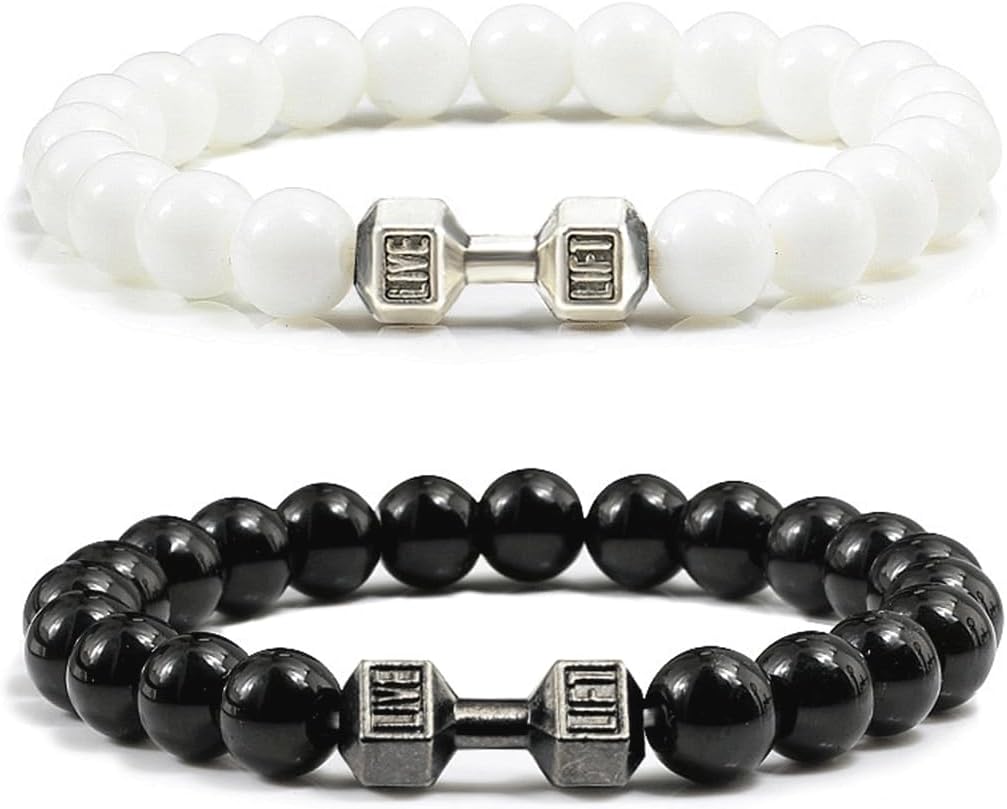 Black Dumbbell Bracelet for Men Gym Bros Bracelet Volcanic Lava Stone Adjustable Natural Stone Beads Bracelet Fitness Barbell Jewelry for Men
