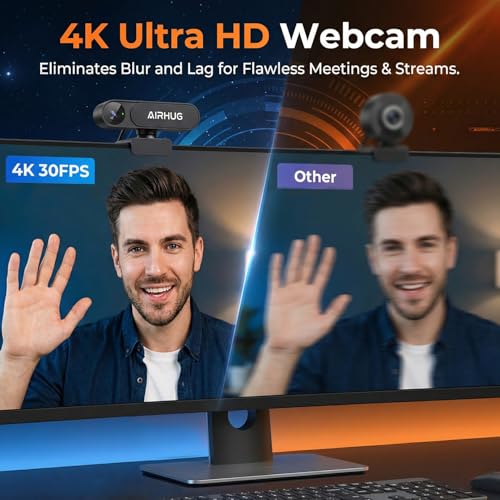 Image of AIRHUG 4K UHD USB Webcam No Mic with Privacy Cover, USB Camera